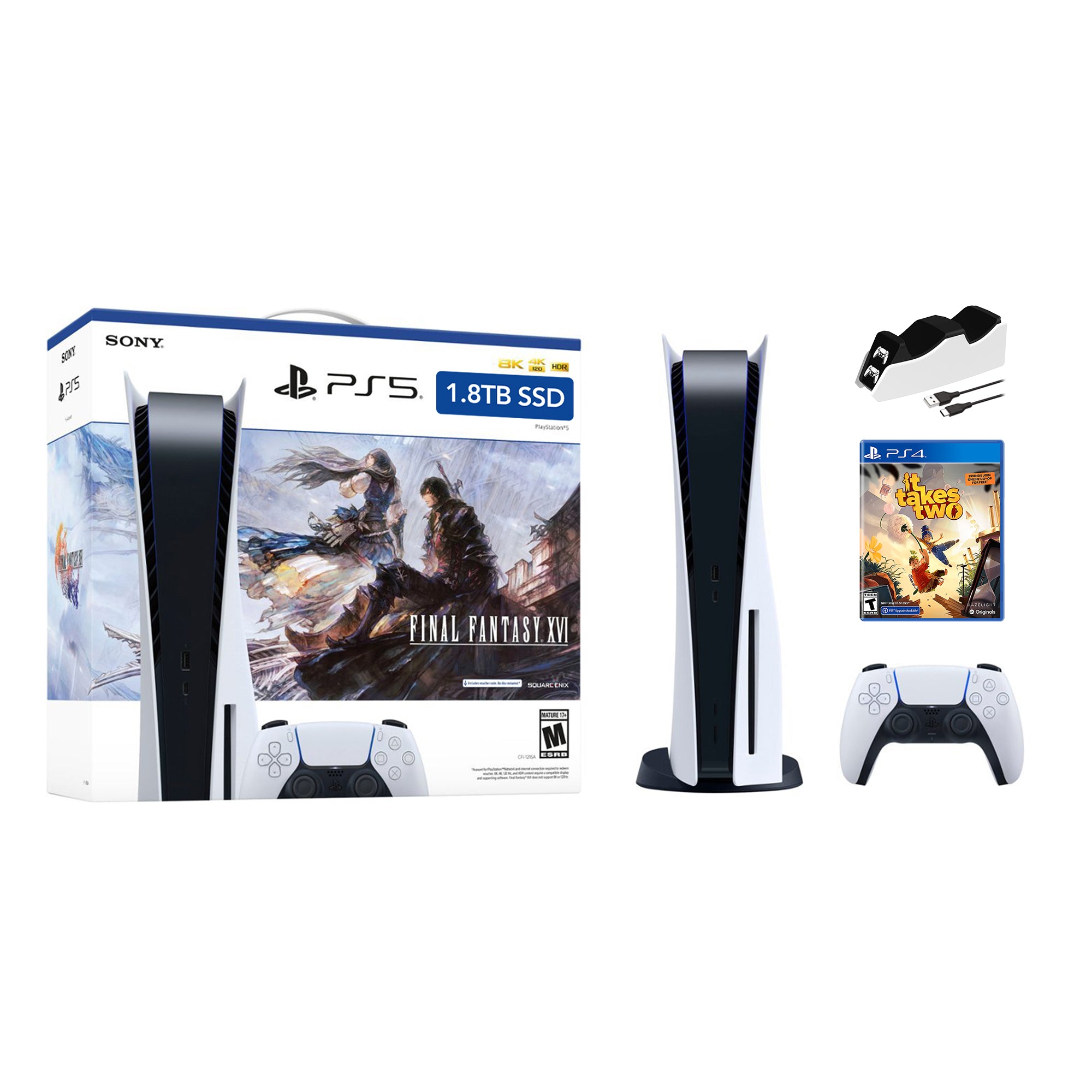 PlayStation 5 Upgraded 1.8TB Disc Edition FINAL FANTASY XVI Bundle with It takes Two and Mytrix Controller Charger - PS5, White PlayStation 5 Upgraded 1.8TB Disc Edition FINAL FANTASY XVI Bundle with It takes Two and Mytrix Controller Charger - PS5, White